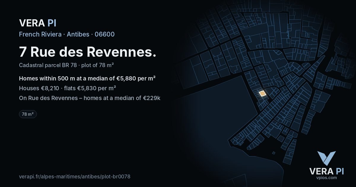 7 Rue des Revennes, Antibes at night – the plot lit, the parcels around coloured by the prices near them