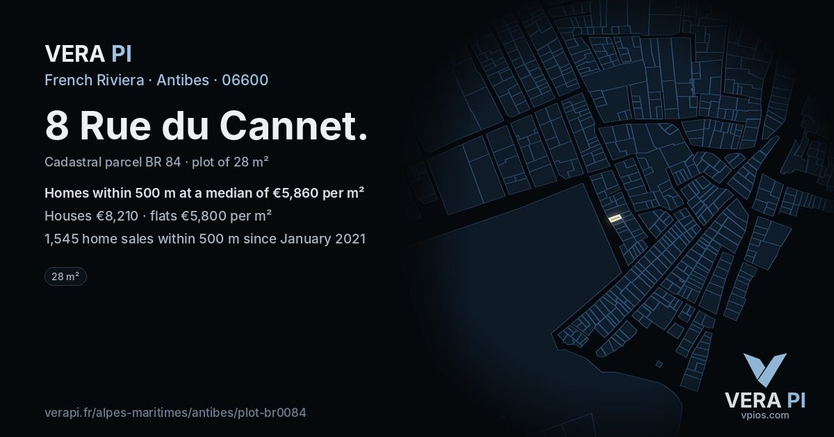 8 Rue du Cannet, Antibes at night – the plot lit, the parcels around coloured by the prices near them