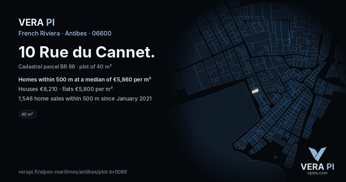 10 Rue du Cannet, Antibes at night – the plot lit, the parcels around coloured by the prices near them