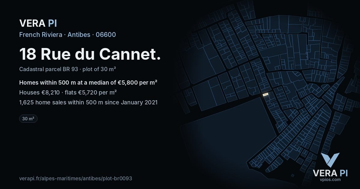 18 Rue du Cannet, Antibes at night – the plot lit, the parcels around coloured by the prices near them
