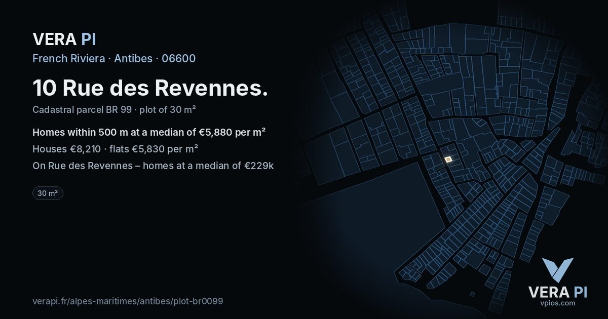 10 Rue des Revennes, Antibes at night – the plot lit, the parcels around coloured by the prices near them