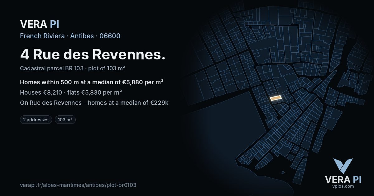 4 Rue des Revennes, Antibes at night – the plot lit, the parcels around coloured by the prices near them