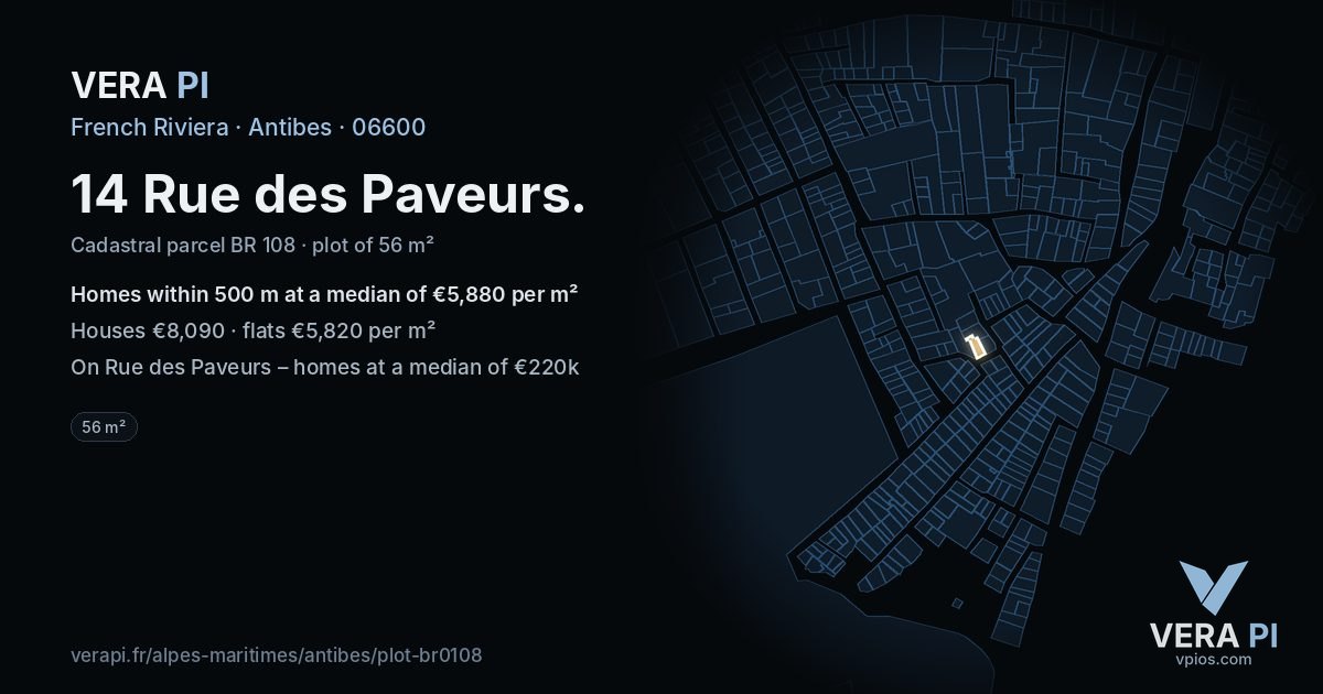 14 Rue des Paveurs, Antibes at night – the plot lit, the parcels around coloured by the prices near them