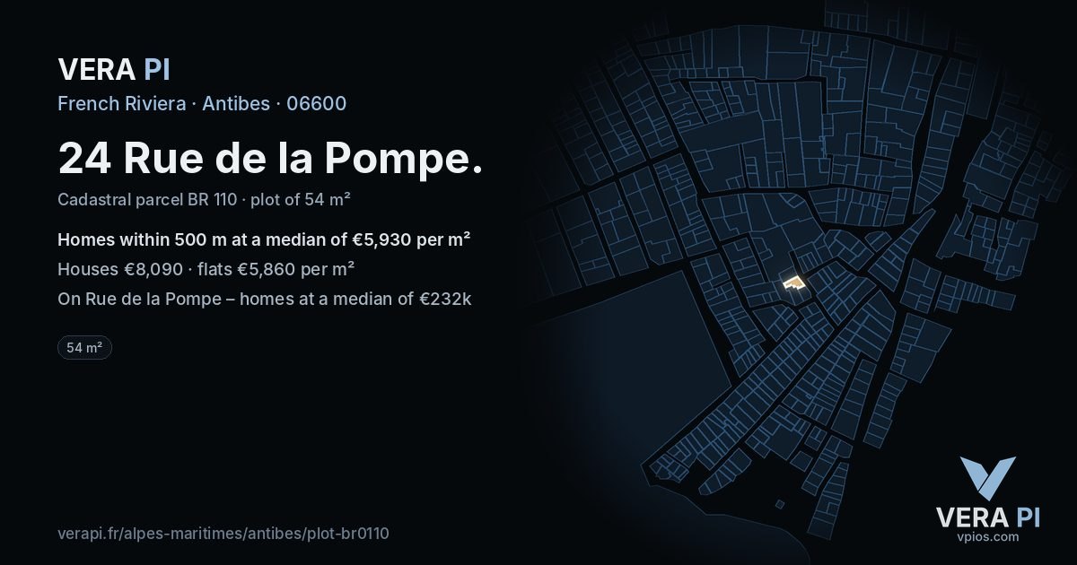 24 Rue de la Pompe, Antibes at night – the plot lit, the parcels around coloured by the prices near them