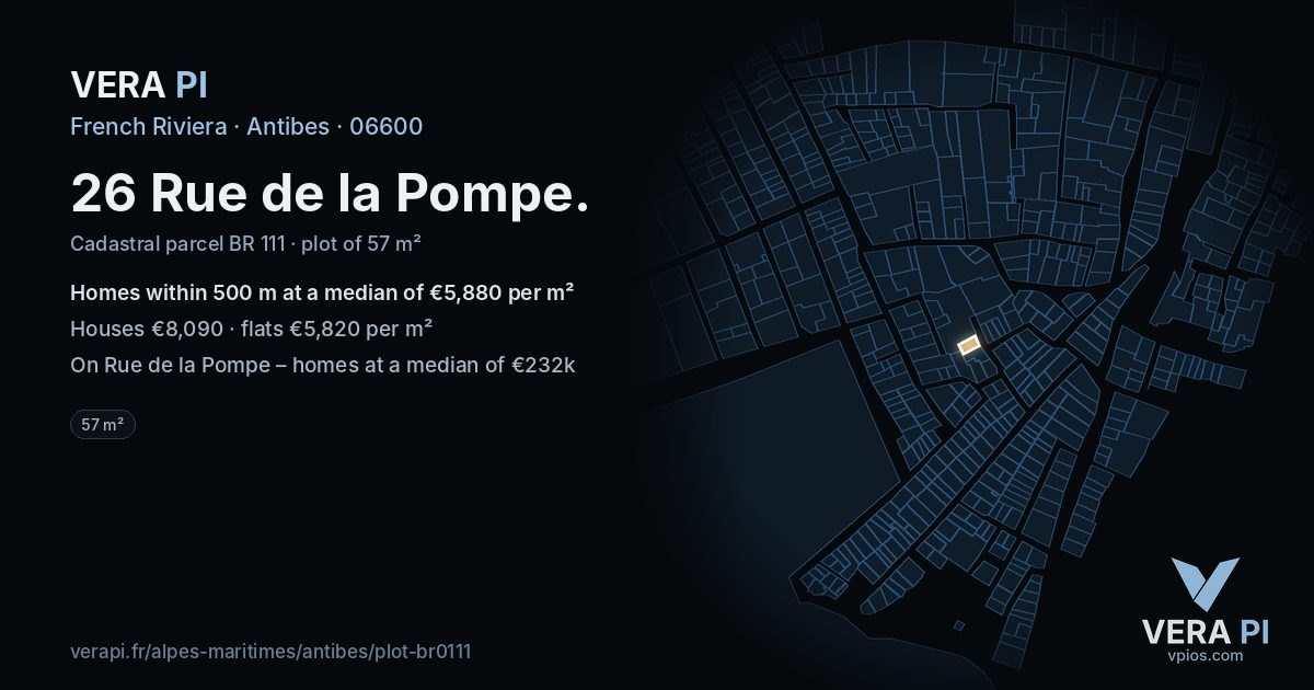 26 Rue de la Pompe, Antibes at night – the plot lit, the parcels around coloured by the prices near them