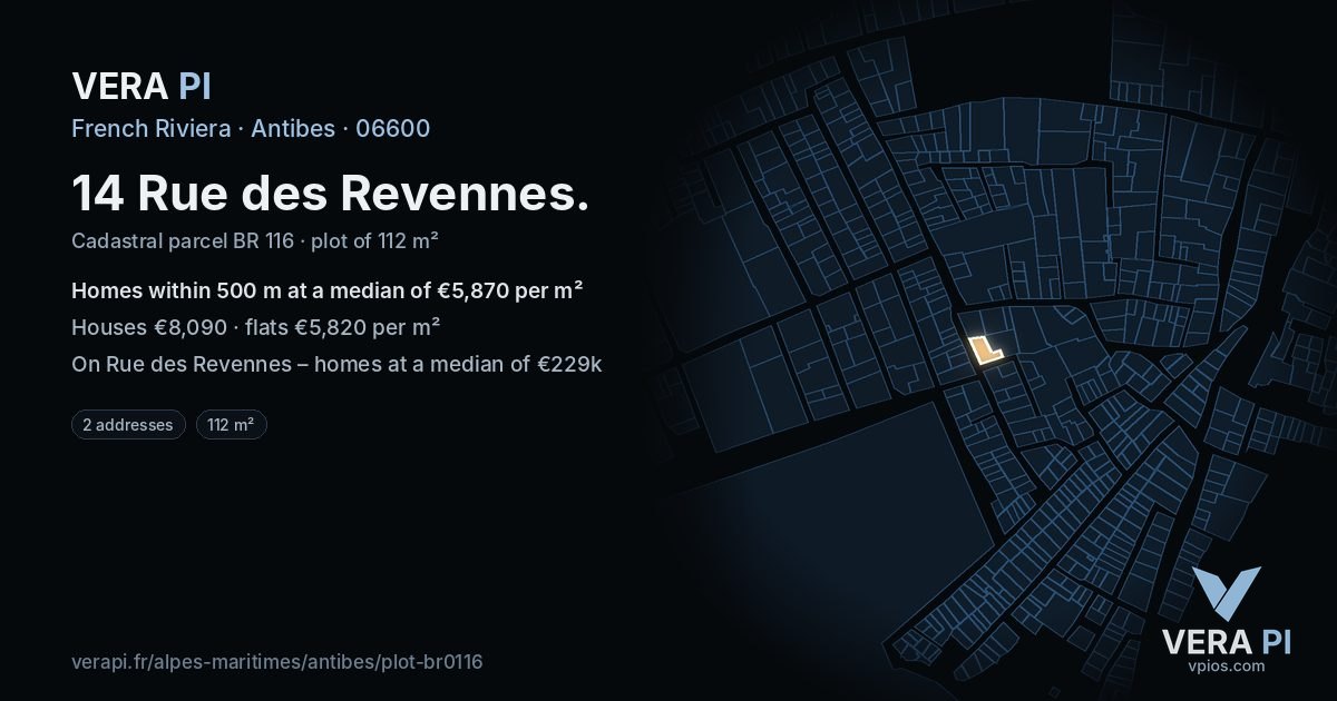 14 Rue des Revennes, Antibes at night – the plot lit, the parcels around coloured by the prices near them