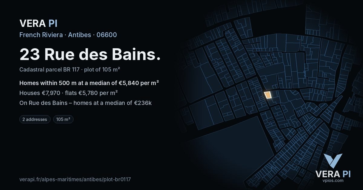23 Rue des Bains, Antibes at night – the plot lit, the parcels around coloured by the prices near them