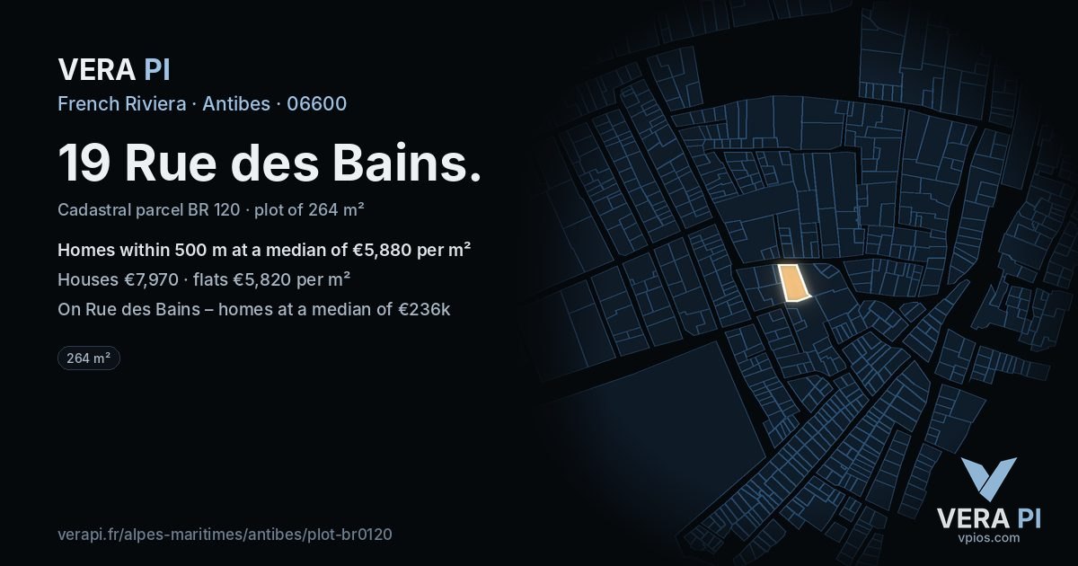 19 Rue des Bains, Antibes at night – the plot lit, the parcels around coloured by the prices near them