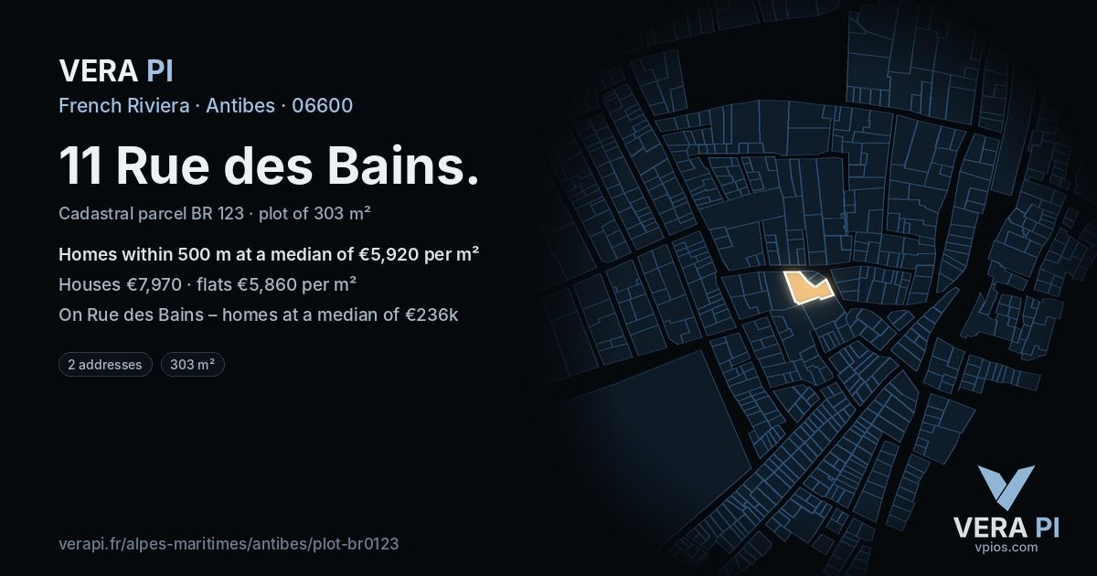11 Rue des Bains, Antibes at night – the plot lit, the parcels around coloured by the prices near them