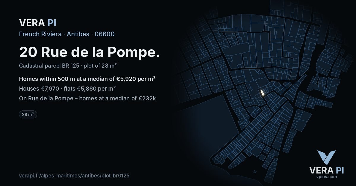 20 Rue de la Pompe, Antibes at night – the plot lit, the parcels around coloured by the prices near them