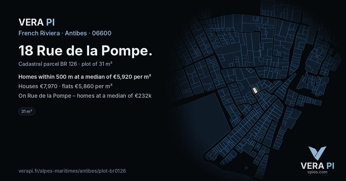 18 Rue de la Pompe, Antibes at night – the plot lit, the parcels around coloured by the prices near them