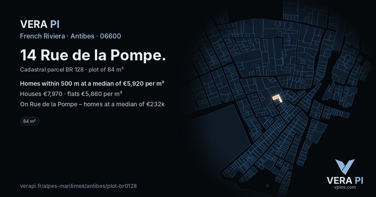 14 Rue de la Pompe, Antibes at night – the plot lit, the parcels around coloured by the prices near them