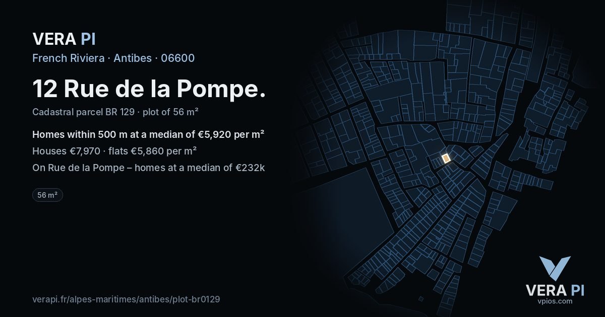 12 Rue de la Pompe, Antibes at night – the plot lit, the parcels around coloured by the prices near them
