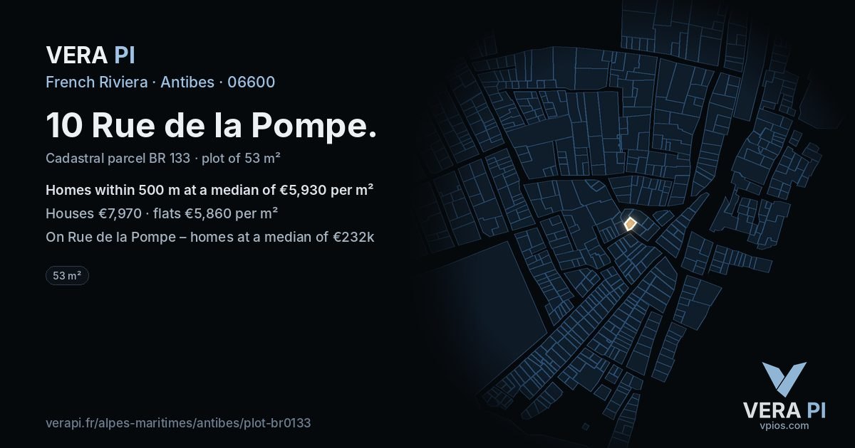 10 Rue de la Pompe, Antibes at night – the plot lit, the parcels around coloured by the prices near them