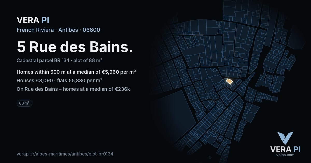 5 Rue des Bains, Antibes at night – the plot lit, the parcels around coloured by the prices near them