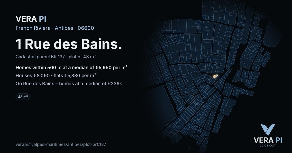 1 Rue des Bains, Antibes at night – the plot lit, the parcels around coloured by the prices near them