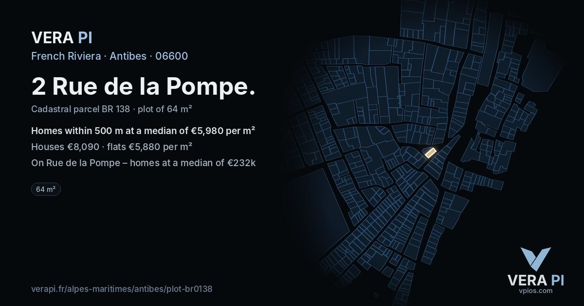 2 Rue de la Pompe, Antibes at night – the plot lit, the parcels around coloured by the prices near them