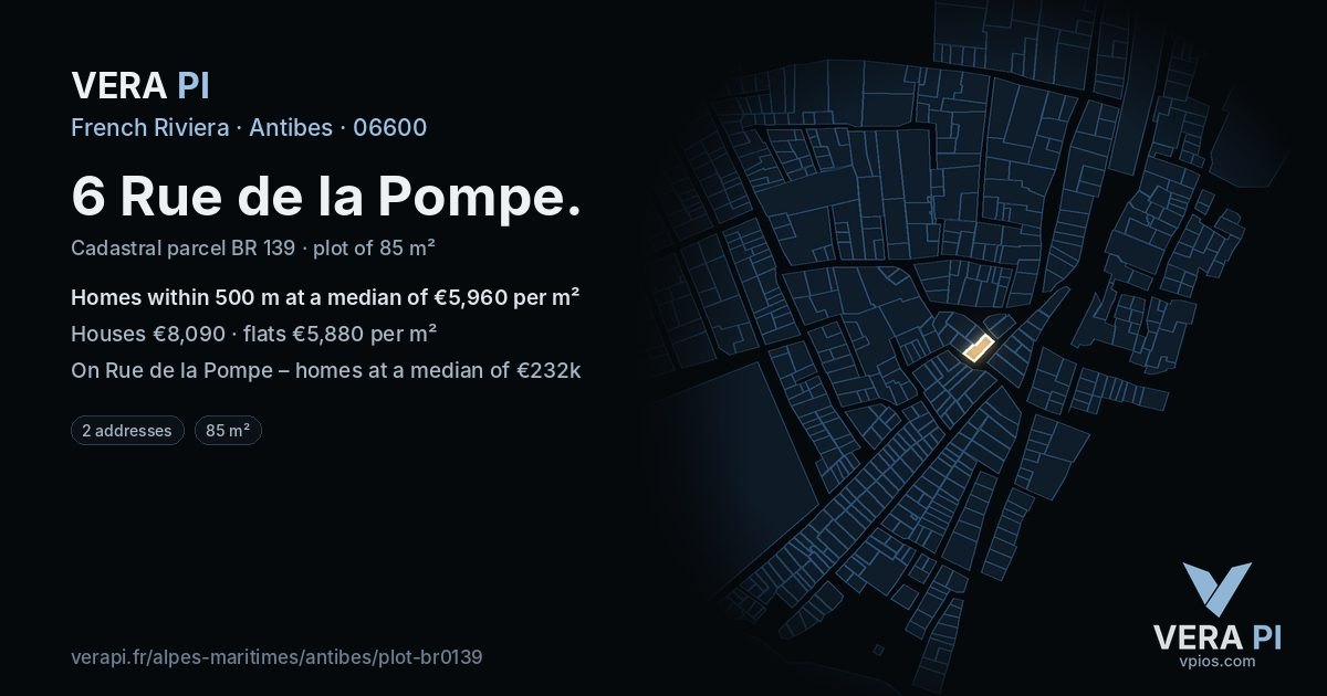 6 Rue de la Pompe, Antibes at night – the plot lit, the parcels around coloured by the prices near them
