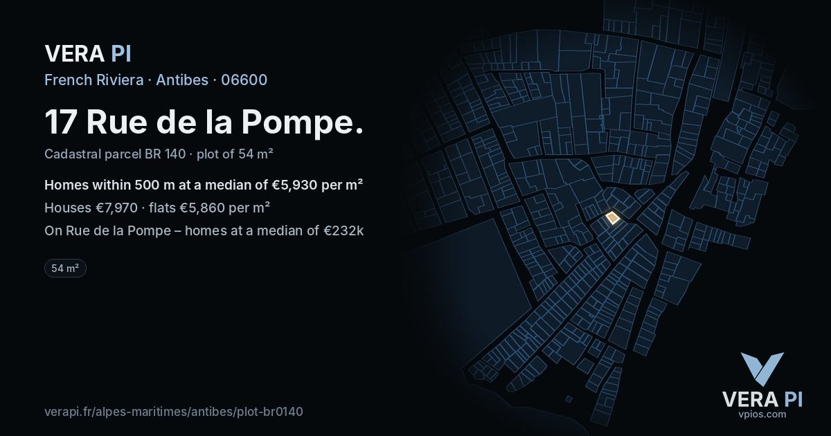 17 Rue de la Pompe, Antibes at night – the plot lit, the parcels around coloured by the prices near them