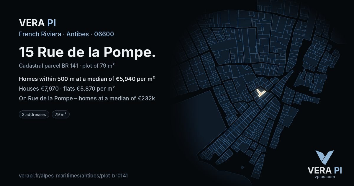 15 Rue de la Pompe, Antibes at night – the plot lit, the parcels around coloured by the prices near them