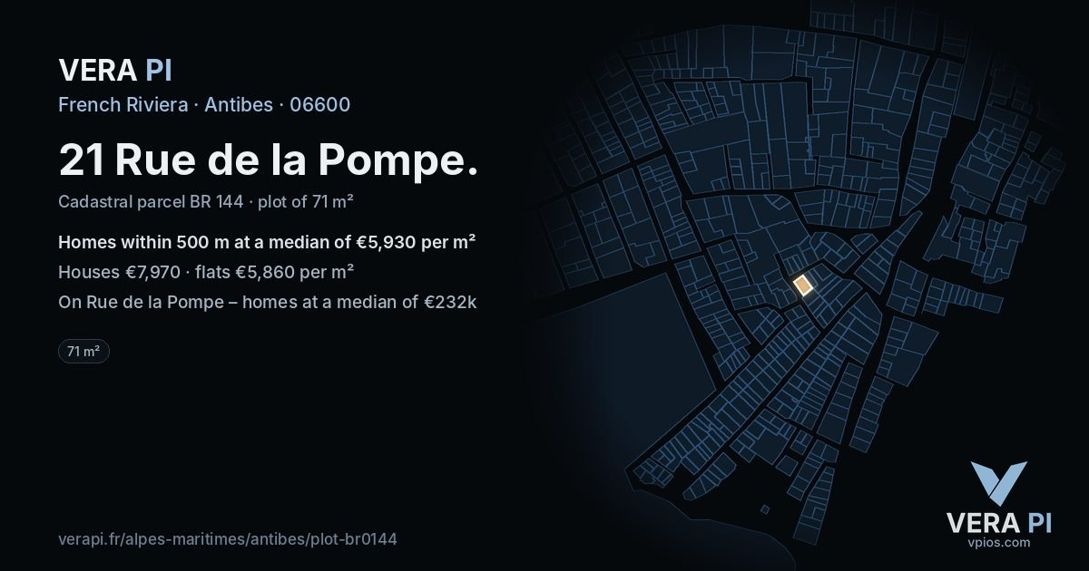 21 Rue de la Pompe, Antibes at night – the plot lit, the parcels around coloured by the prices near them