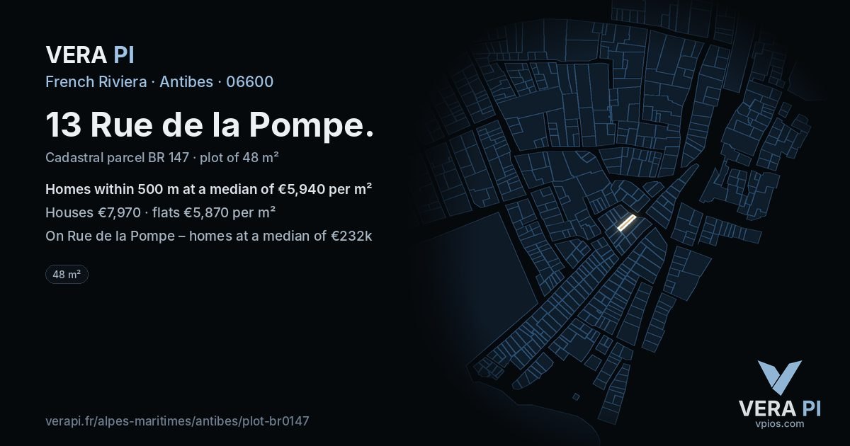 13 Rue de la Pompe, Antibes at night – the plot lit, the parcels around coloured by the prices near them