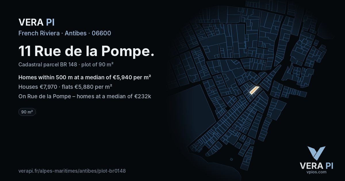 11 Rue de la Pompe, Antibes at night – the plot lit, the parcels around coloured by the prices near them