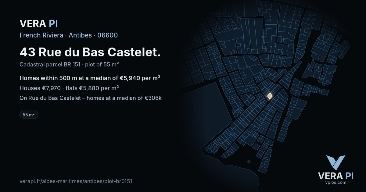 43 Rue du Bas Castelet, Antibes at night – the plot lit, the parcels around coloured by the prices near them