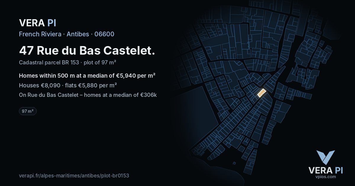 47 Rue du Bas Castelet, Antibes at night – the plot lit, the parcels around coloured by the prices near them