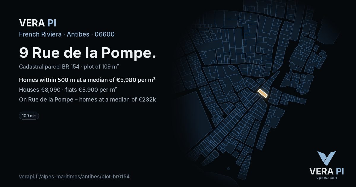 9 Rue de la Pompe, Antibes at night – the plot lit, the parcels around coloured by the prices near them