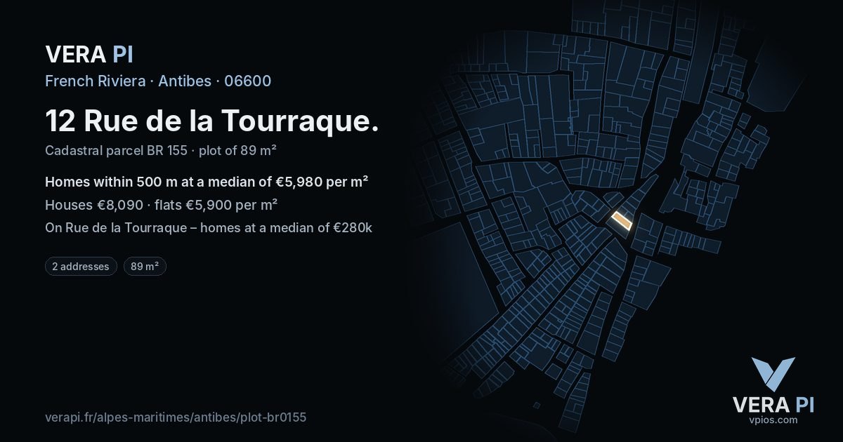 12 Rue de la Tourraque, Antibes at night – the plot lit, the parcels around coloured by the prices near them