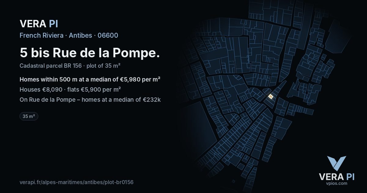 5 bis Rue de la Pompe, Antibes at night – the plot lit, the parcels around coloured by the prices near them