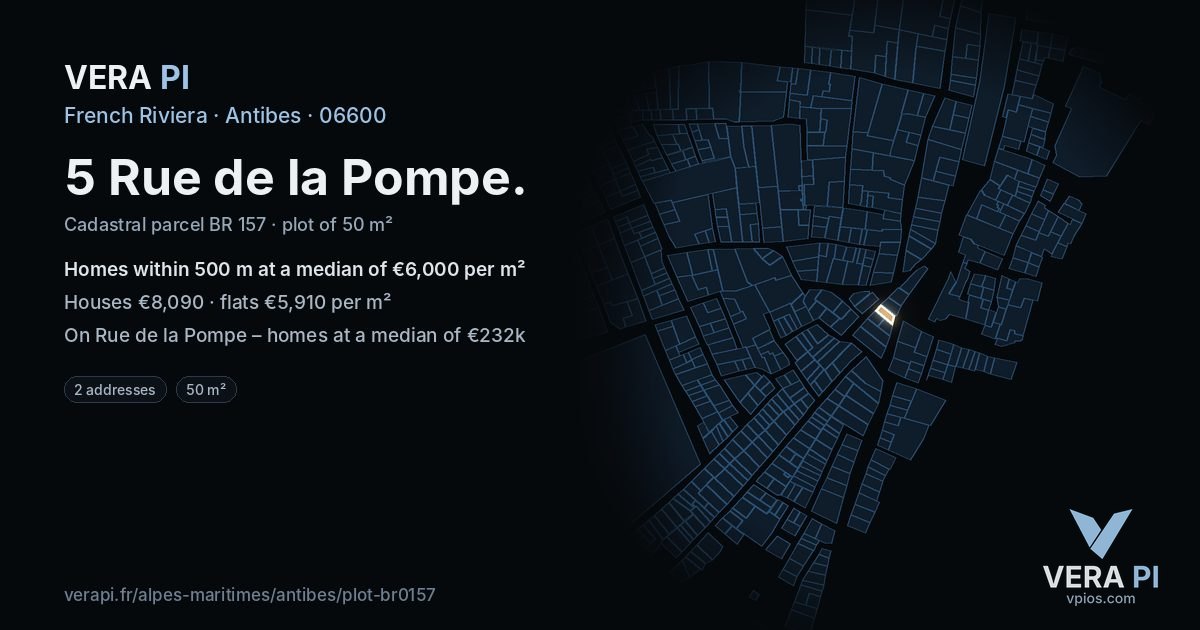 5 Rue de la Pompe, Antibes at night – the plot lit, the parcels around coloured by the prices near them