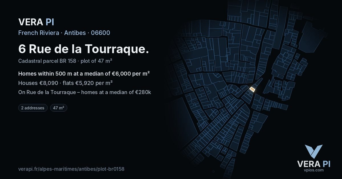 6 Rue de la Tourraque, Antibes at night – the plot lit, the parcels around coloured by the prices near them