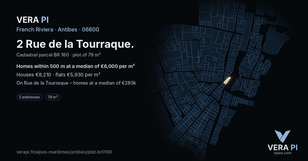 2 Rue de la Tourraque, Antibes at night – the plot lit, the parcels around coloured by the prices near them