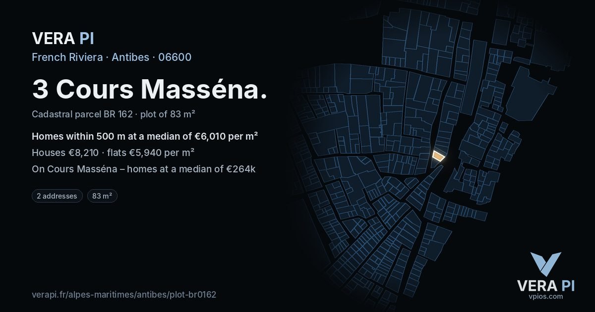 3 Cours Masséna, Antibes at night – the plot lit, the parcels around coloured by the prices near them