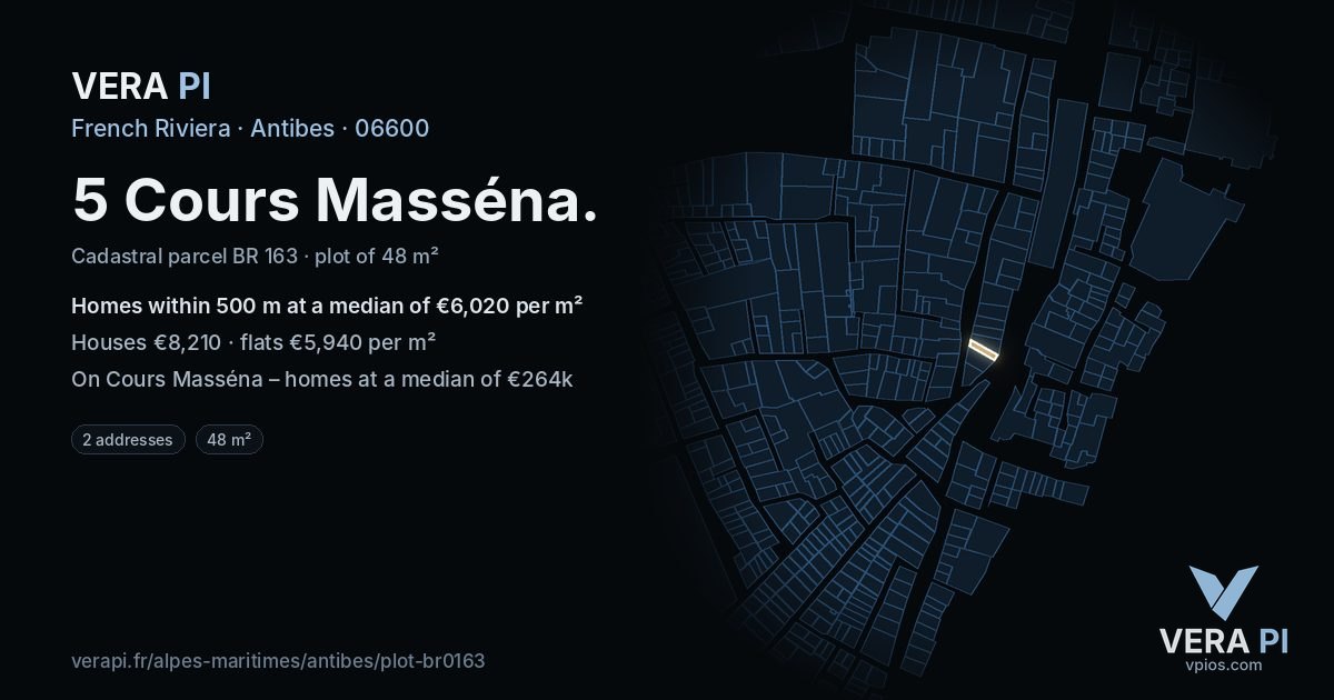 5 Cours Masséna, Antibes at night – the plot lit, the parcels around coloured by the prices near them