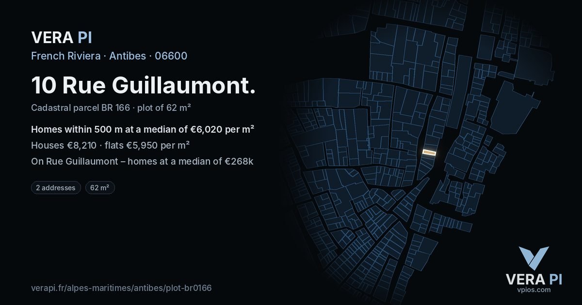 10 Rue Guillaumont, Antibes at night – the plot lit, the parcels around coloured by the prices near them