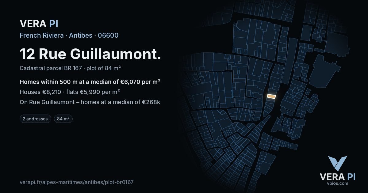 12 Rue Guillaumont, Antibes at night – the plot lit, the parcels around coloured by the prices near them