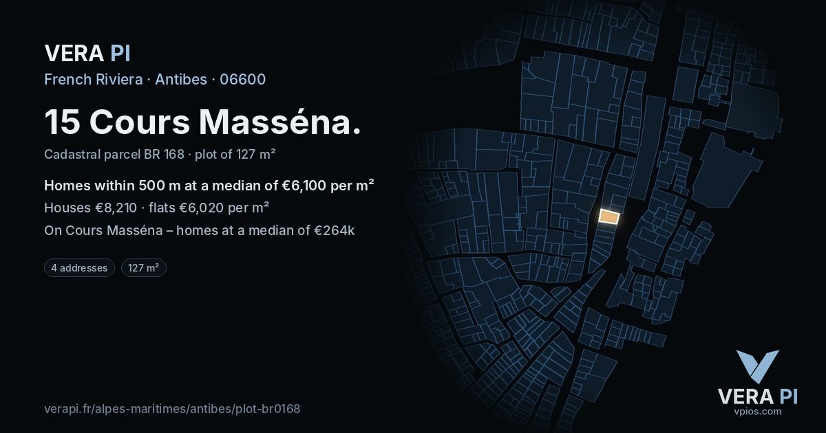 15 Cours Masséna, Antibes at night – the plot lit, the parcels around coloured by the prices near them
