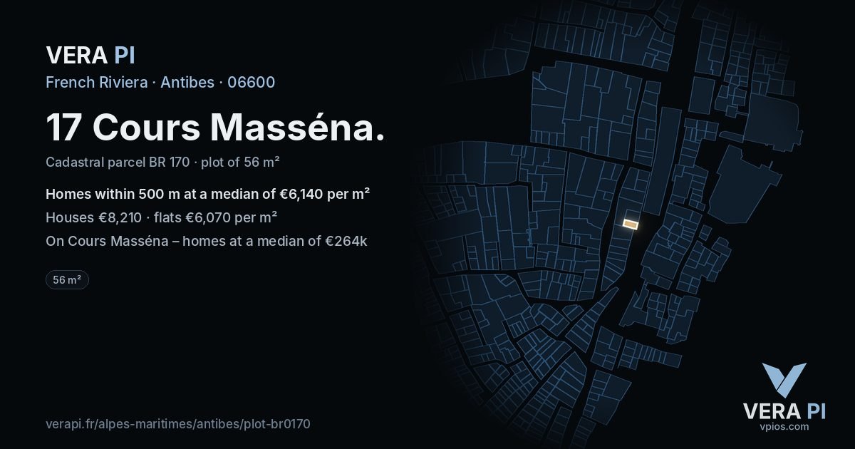 17 Cours Masséna, Antibes at night – the plot lit, the parcels around coloured by the prices near them