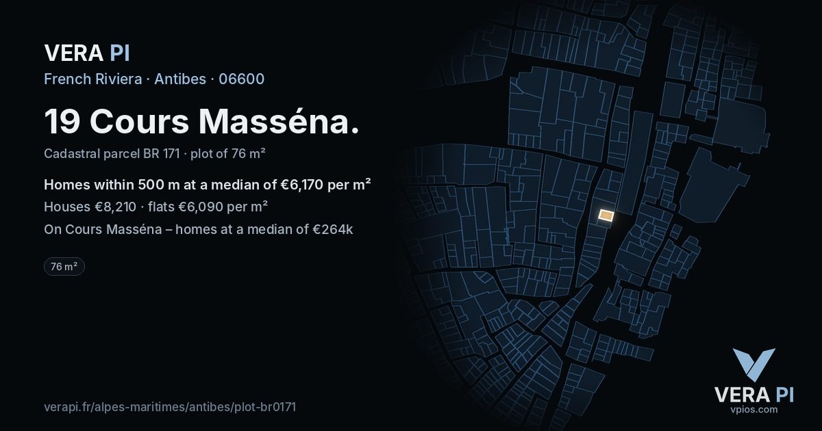 19 Cours Masséna, Antibes at night – the plot lit, the parcels around coloured by the prices near them
