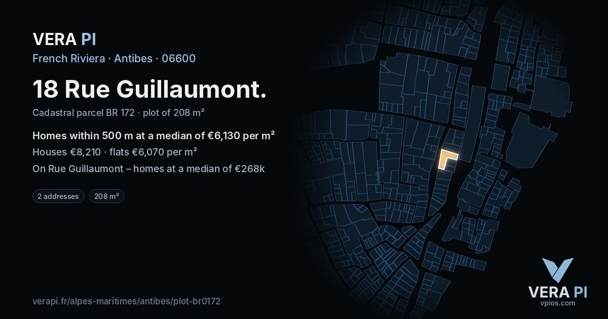 18 Rue Guillaumont, Antibes at night – the plot lit, the parcels around coloured by the prices near them
