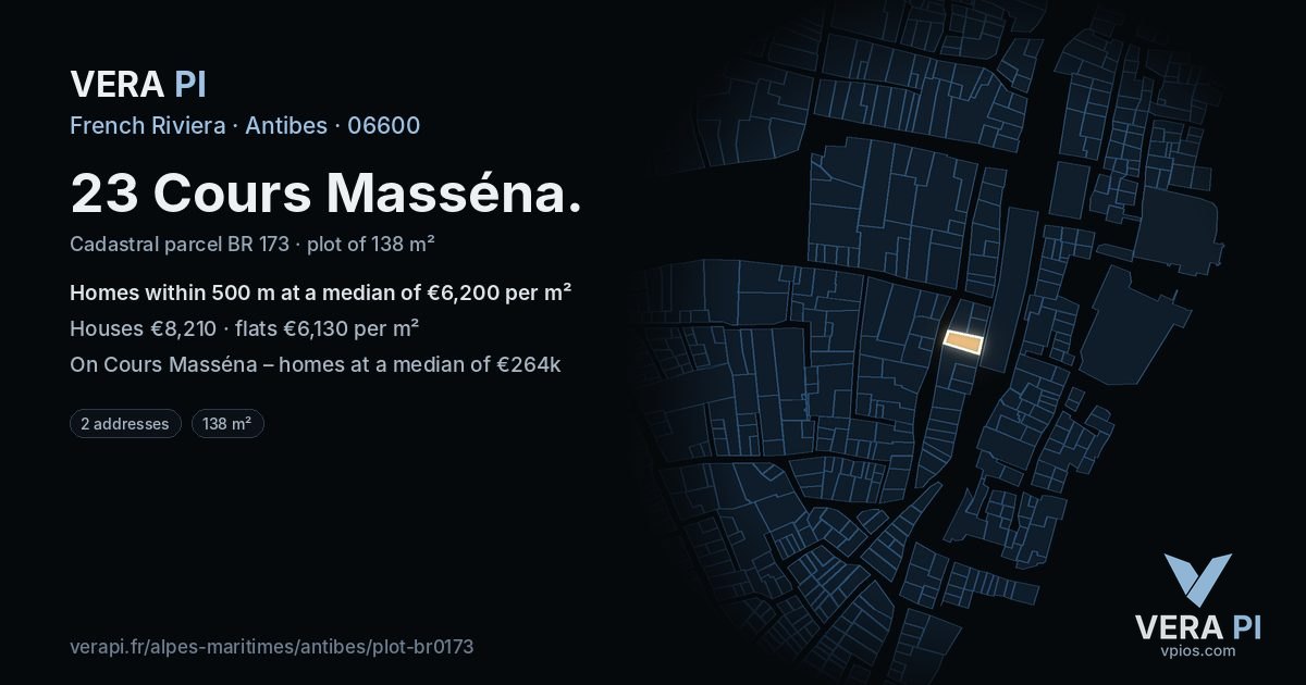 23 Cours Masséna, Antibes at night – the plot lit, the parcels around coloured by the prices near them