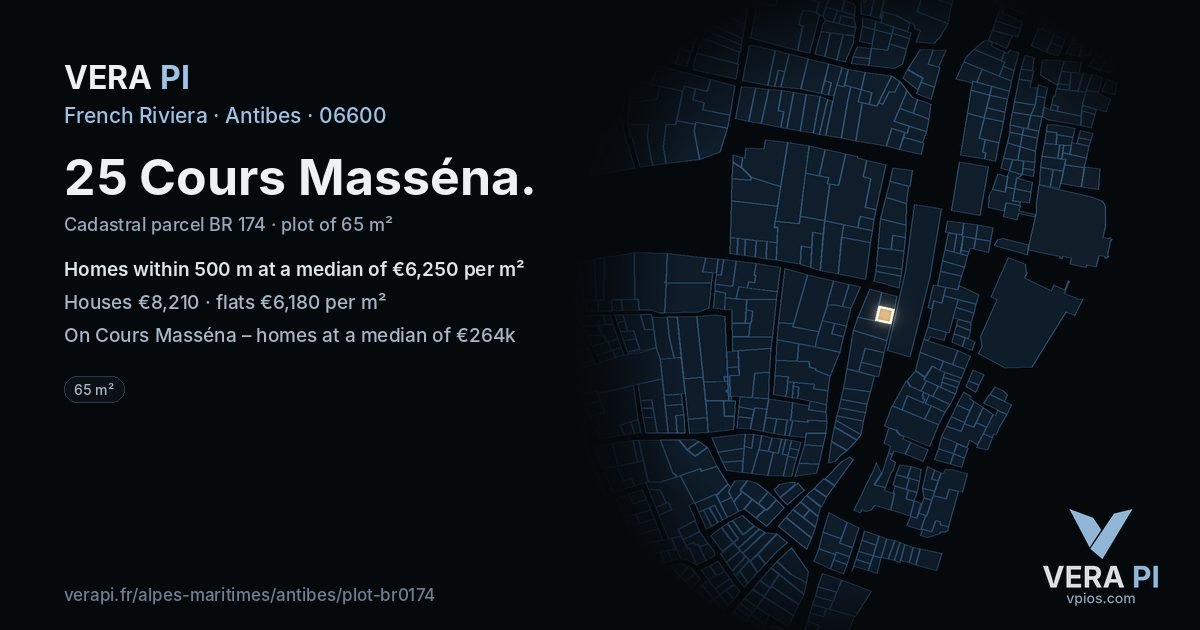 25 Cours Masséna, Antibes at night – the plot lit, the parcels around coloured by the prices near them