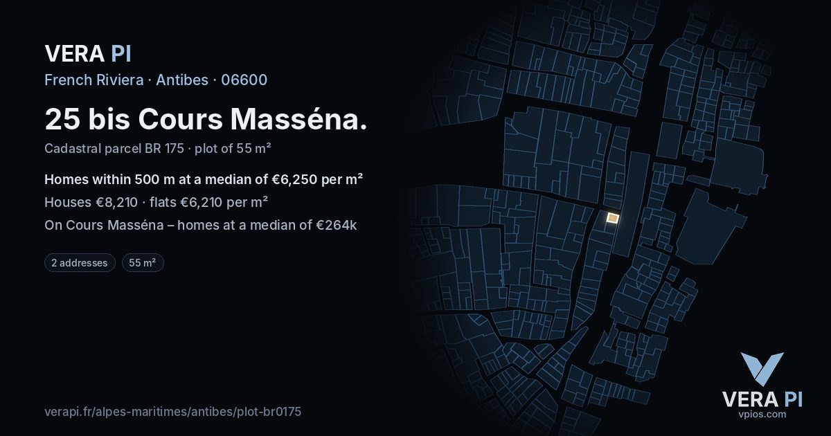 25 bis Cours Masséna, Antibes at night – the plot lit, the parcels around coloured by the prices near them