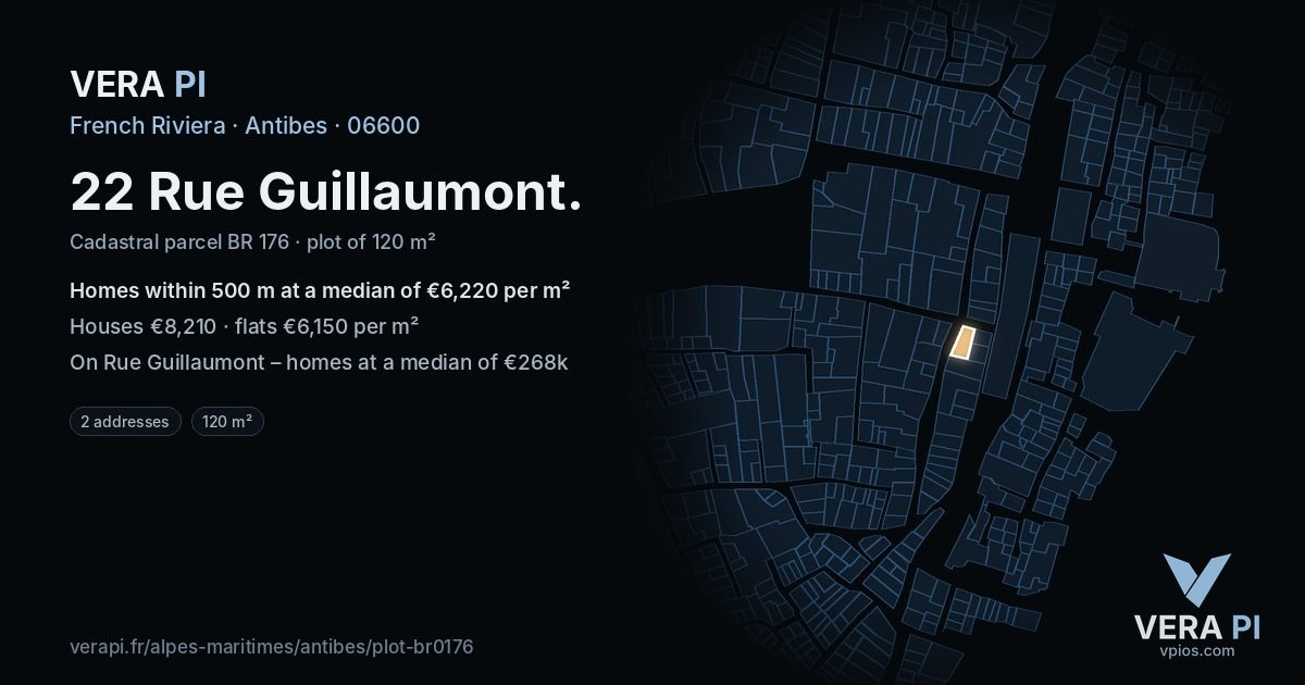 22 Rue Guillaumont, Antibes at night – the plot lit, the parcels around coloured by the prices near them