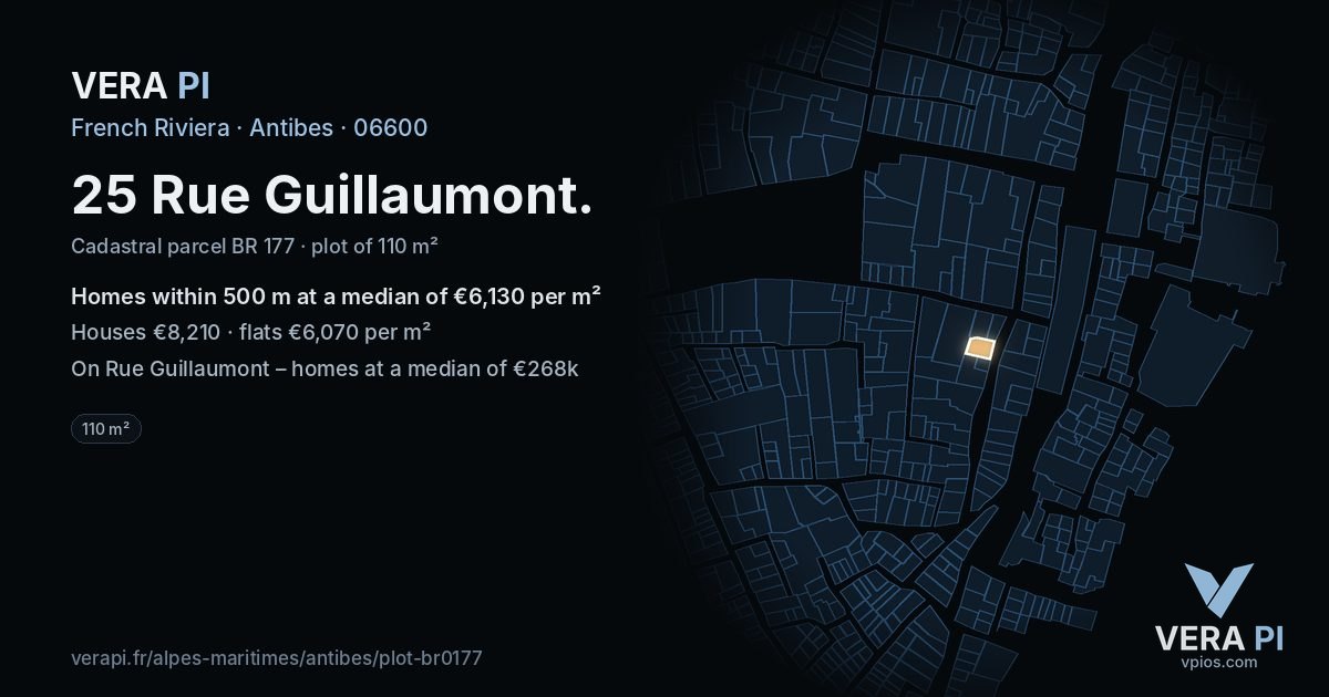 25 Rue Guillaumont, Antibes at night – the plot lit, the parcels around coloured by the prices near them