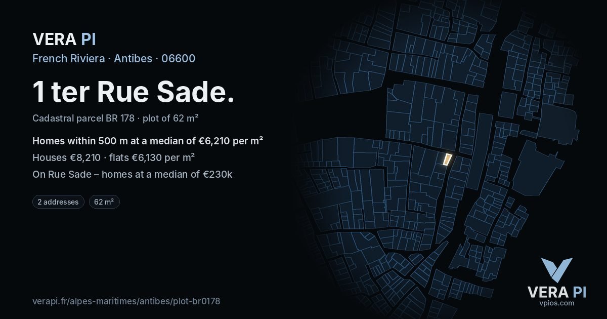 1 ter Rue Sade, Antibes at night – the plot lit, the parcels around coloured by the prices near them
