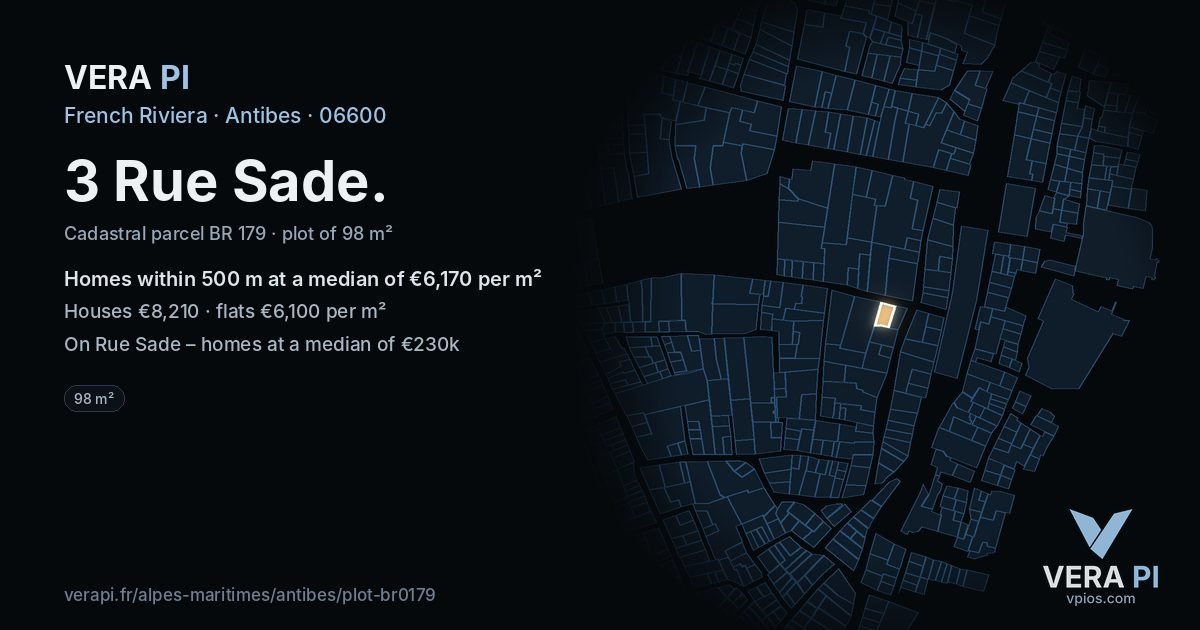 3 Rue Sade, Antibes at night – the plot lit, the parcels around coloured by the prices near them